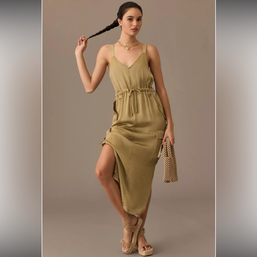 Love the Label Sleeveless Utility Satin Dress, Olive, Size S